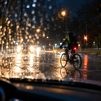 A cyclist with a visible rear light rides beside a car on a well-lit Charlotte street after dark.