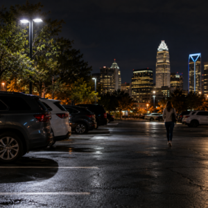 Poorly lit parking lot in Charlotte at night with a pedestrian walking toward city lights