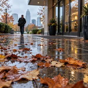 Wet autumn leaves covering a rain-dampened walkway outside a professional property in Charlotte, North Carolina.