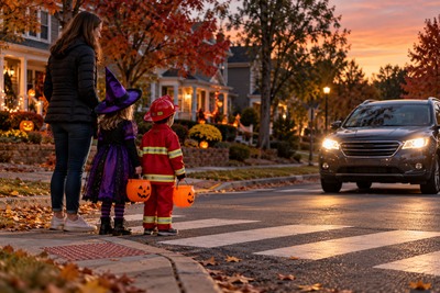 An adult and two costumed children wait at a crosswalk as an approaching car stops in a North Carolina neighborhood.